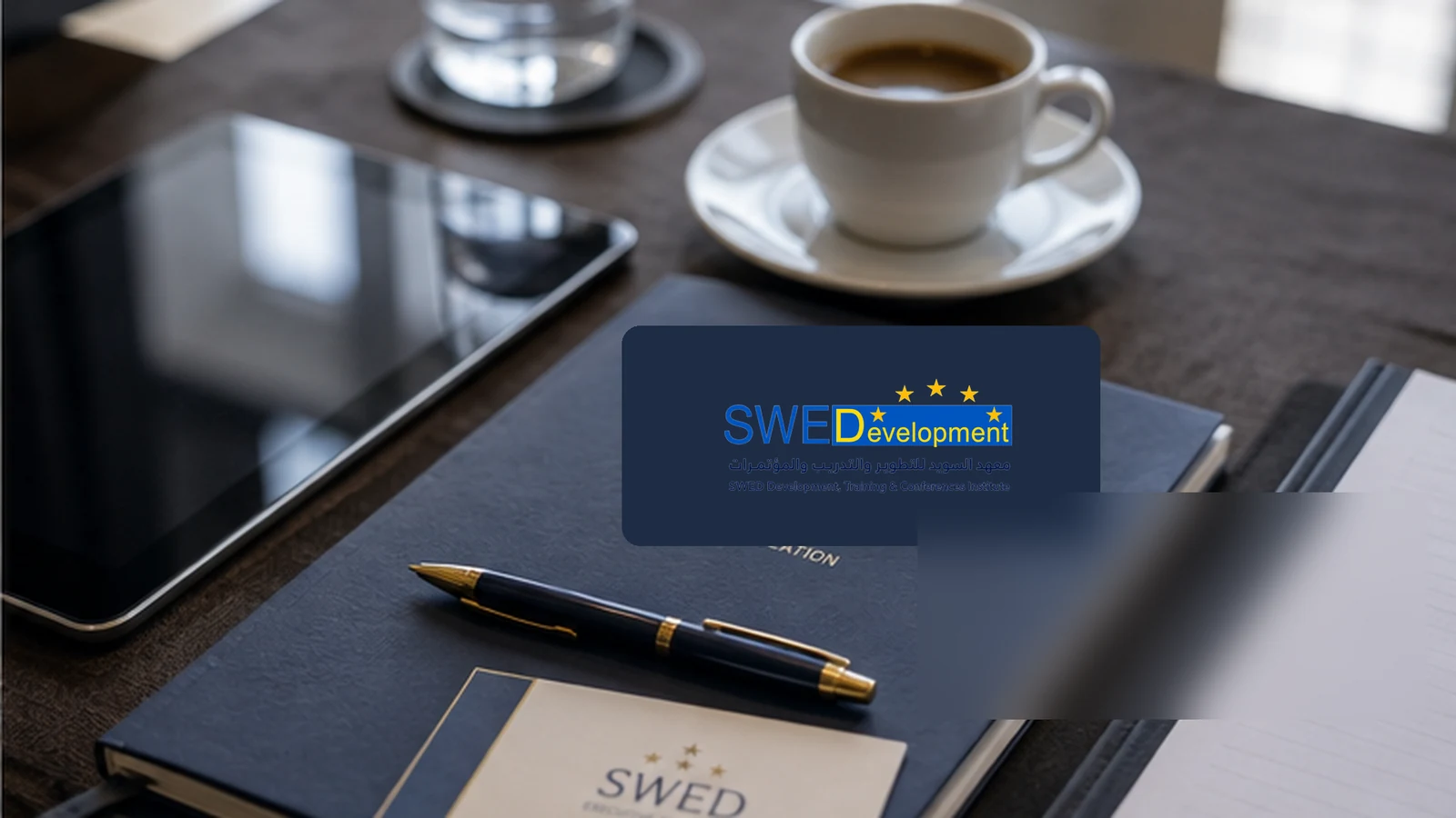 مواد برنامج تنفيذي من SWED مع دفتر وقلم على مكتب | SWED executive programme materials, notebook and pen on a desk